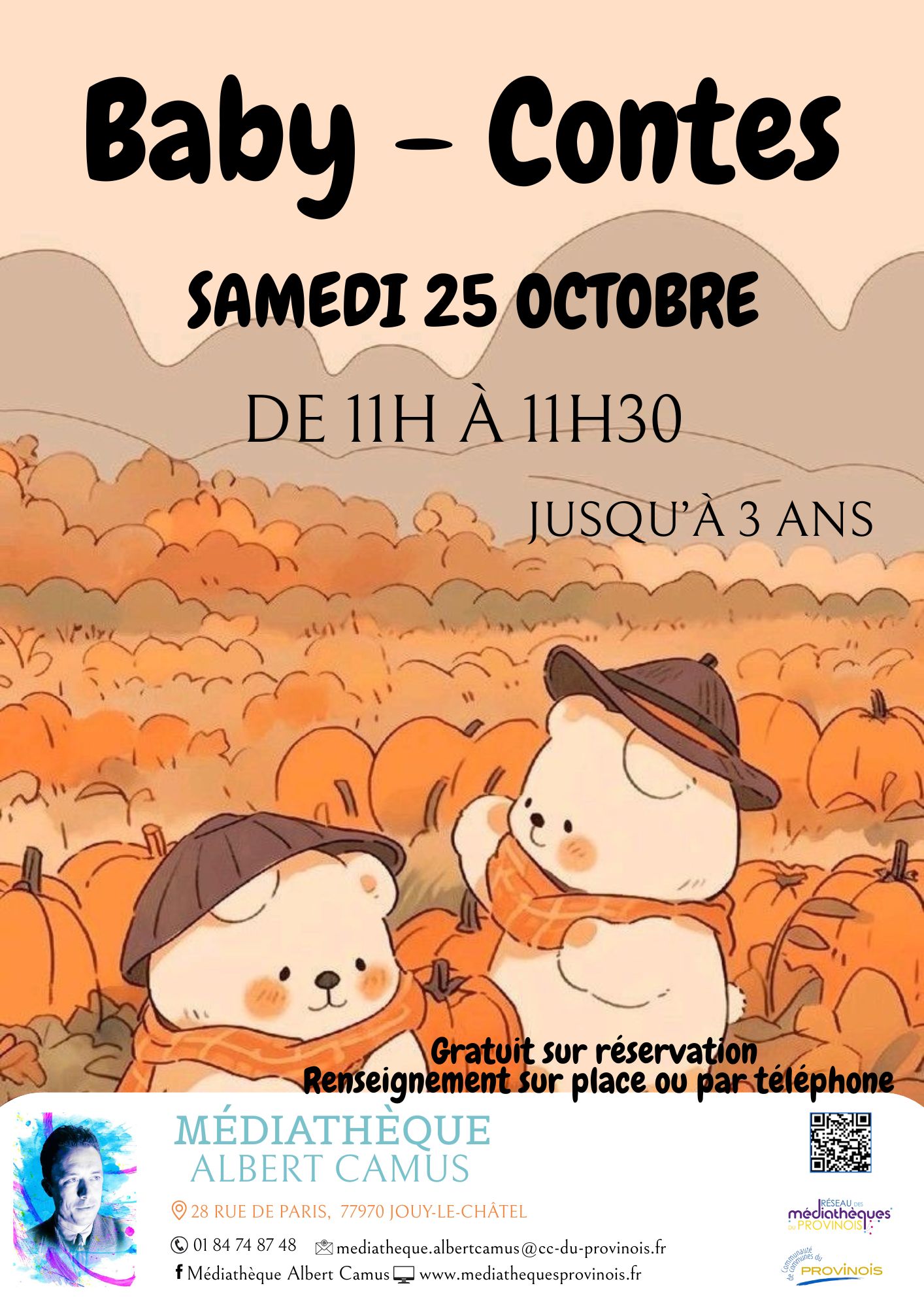 Affiche montrant des petits oursons avec des citrouilles dans un fond automnal